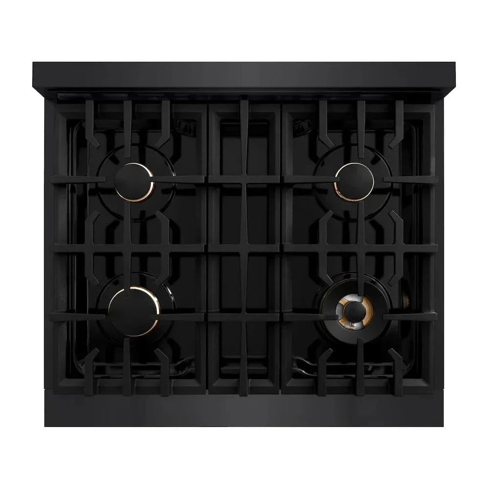 ZLINE 30" Dual Fuel Range, Gas Cooktop, Electric Convection Oven Black Stainless Steel, Champagne Bronze CDRBZ-30-CB