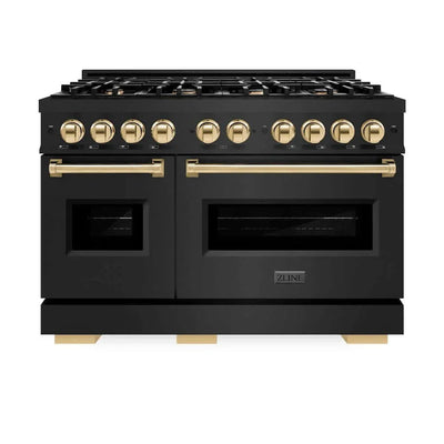 ZLINE 48" Dual Fuel Range, Gas Cooktop, Electric Convection Oven Black Stainless Steel, Gold CDRBZ-48-G