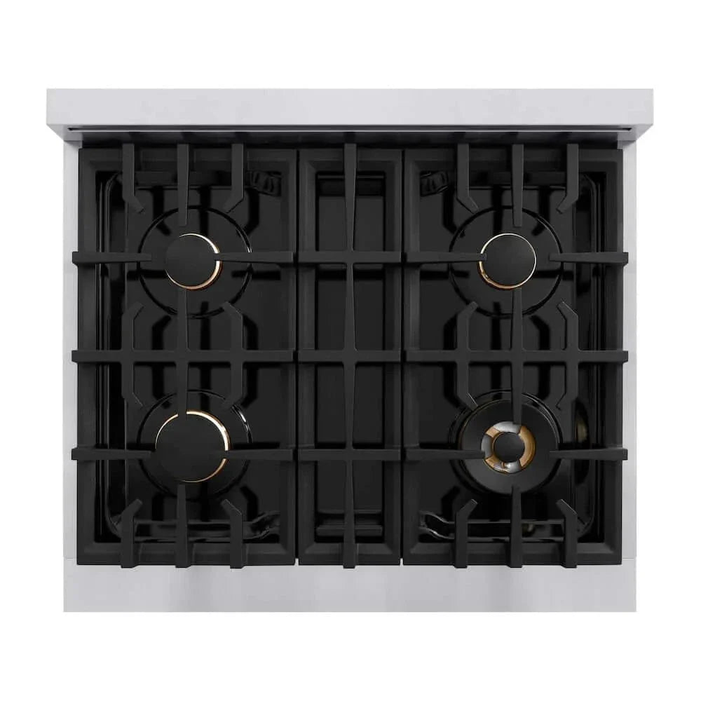 ZLINE 30" Dual Fuel Range, Gas Cooktop, Electric Convection Oven Stainless Steel, White Matte Polished Gold CDRZ-WM-30-G