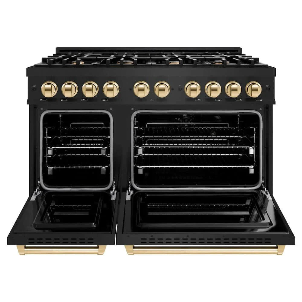 ZLINE 48" Dual Fuel Range, Gas Cooktop, Electric Convection Oven Black Stainless Steel, Gold CDRBZ-48-G