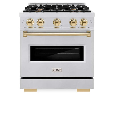 ZLINE 30" Dual Fuel Range, Gas Cooktop, Electric Convection Oven DuraSnow® Stainless Steel, Gold CDRSZ-30-G