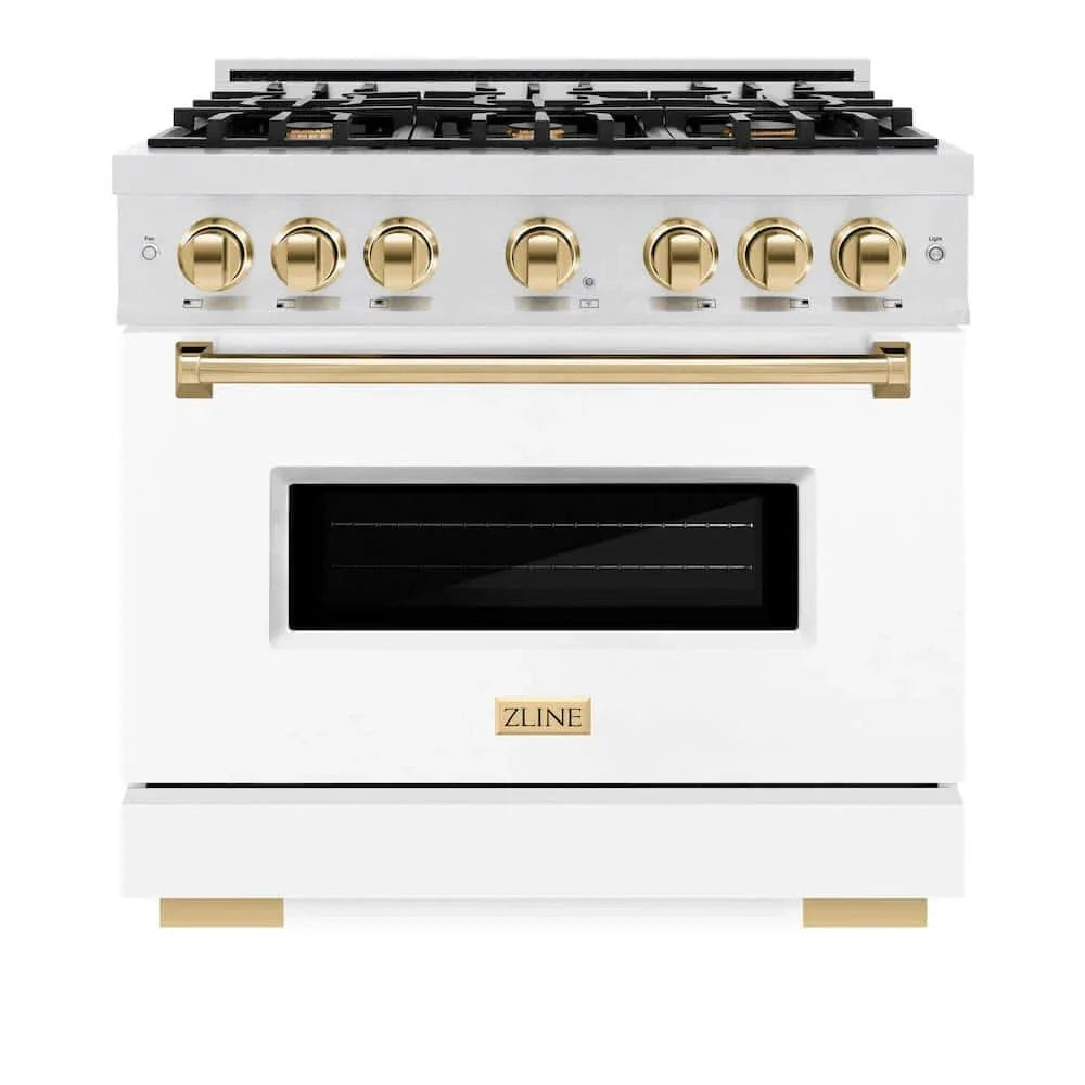 ZLINE 36" Dual Fuel Range, Gas Cooktop, Electric Convection Oven DuraSnow® Stainless Steel, White Matte Door Polished Gold CDRSZ-WM-36-G