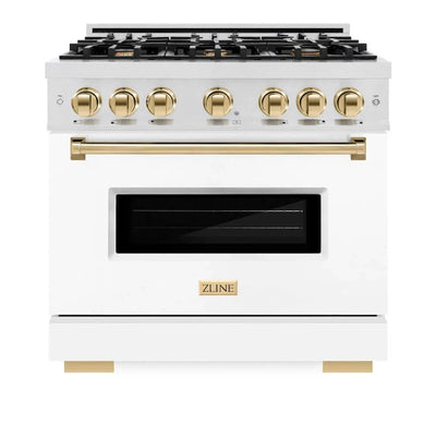 ZLINE 36" Dual Fuel Range, Gas Cooktop, Electric Convection Oven DuraSnow® Stainless Steel, White Matte Door Polished Gold CDRSZ-WM-36-G