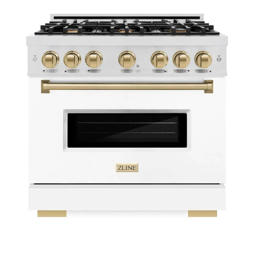 ZLINE 36" Dual Fuel Range, Gas Cooktop, Electric Convection Oven DuraSnow® Stainless Steel, White Matte Door Champagne Bronze CDRSZ-WM-36-CB