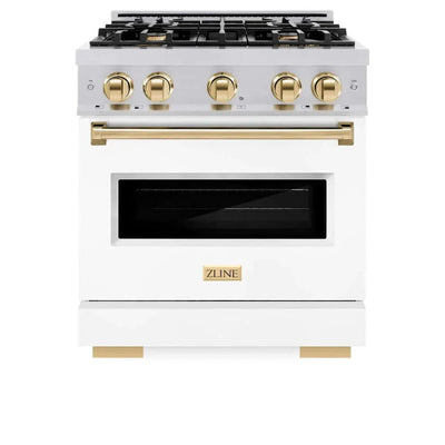 ZLINE 30" Dual Fuel Range, Gas Cooktop, Electric Convection Oven Stainless Steel, White Matte Polished Gold CDRZ-WM-30-G