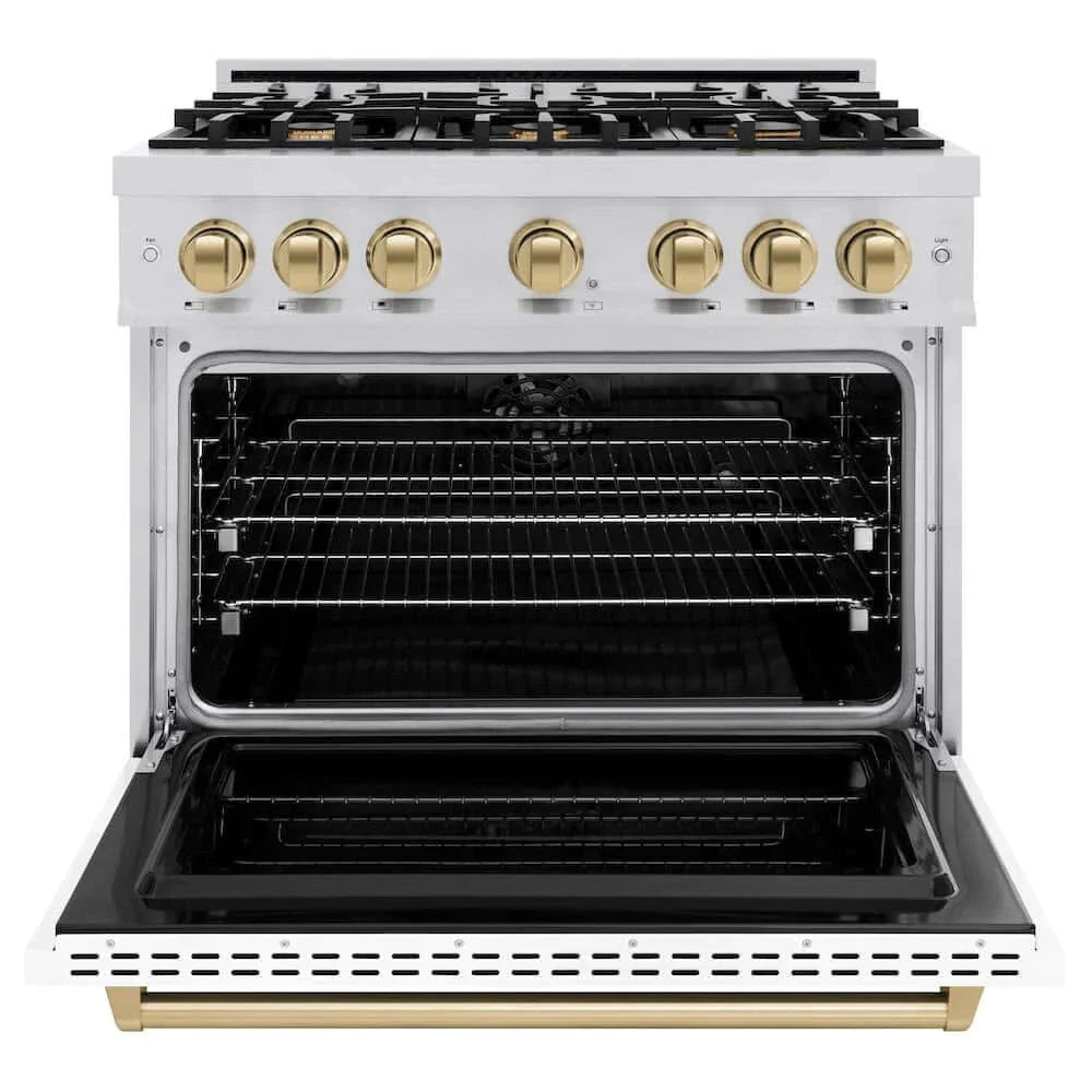 ZLINE 36" Dual Fuel Range, Gas Cooktop, Electric Convection Oven Stainless Steel, Matte White Door Polished Gold CDRZ-WM-36-G