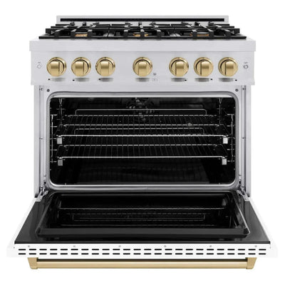 ZLINE 36" Dual Fuel Range, Gas Cooktop, Electric Convection Oven Stainless Steel, Matte White Door Polished Gold CDRZ-WM-36-G
