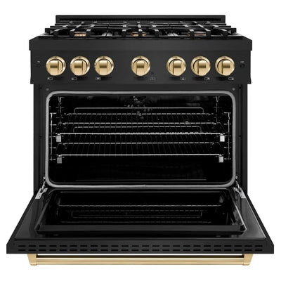 ZLINE 36" Dual Fuel Range, Gas Cooktop, Electric Convection Oven Black Stainless Steel, Gold CDRBZ-36-G