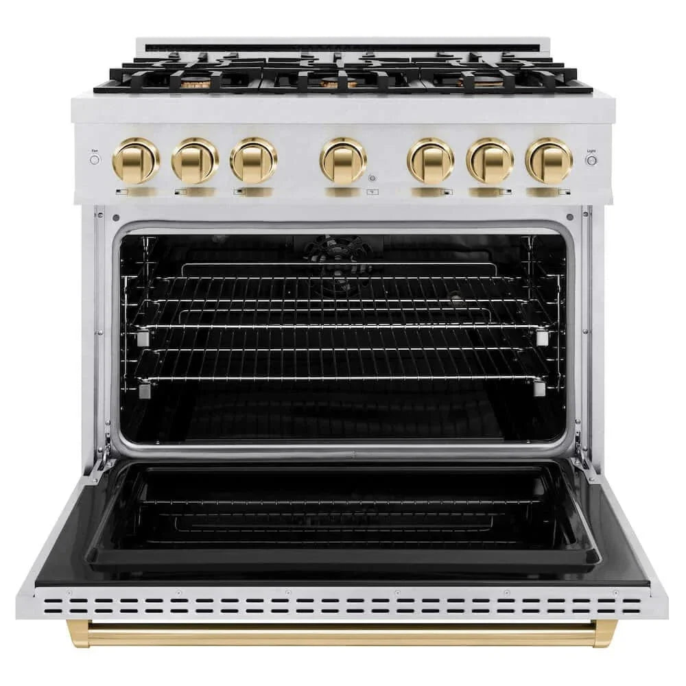 ZLINE 36" Dual Fuel Range, Gas Cooktop, Electric Convection Oven DuraSnow® Stainless Steel, Gold CDRSZ-36-G