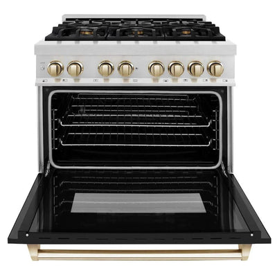 ZLINE 36" Autograph, Dual Fuel Range, Black Door, Gold, RASZ-BLM-36-G