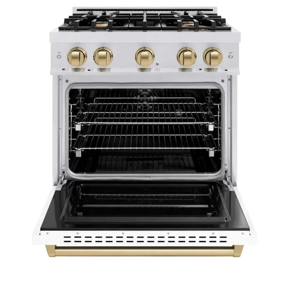 ZLINE 30" Dual Fuel Range, Gas Cooktop, Electric Convection Oven DuraSnow® Stainless Steel, White Matte Door, Champagne Bronze CDRSZ-WM-30-CB