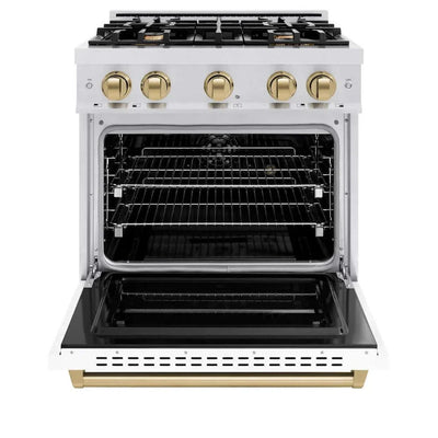 ZLINE 30" Dual Fuel Range, Gas Cooktop, Electric Convection Oven DuraSnow® Stainless Steel, White Matte Door, Champagne Bronze CDRSZ-WM-30-CB
