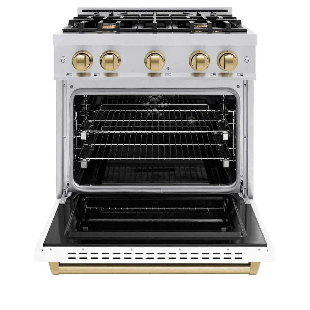 ZLINE 30" Dual Fuel Range, Gas Cooktop, Electric Convection Oven Stainless Steel, White Matte Polished Gold CDRZ-WM-30-G