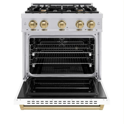 ZLINE 30" Dual Fuel Range, Gas Cooktop, Electric Convection Oven Stainless Steel, White Matte Polished Gold CDRZ-WM-30-G