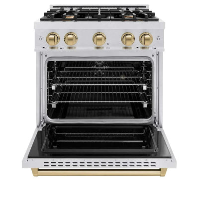 ZLINE 30" Dual Fuel Range, Gas Cooktop, Electric Convection Oven DuraSnow® Stainless Steel, Champagne Bronze CDRSZ-30-CB