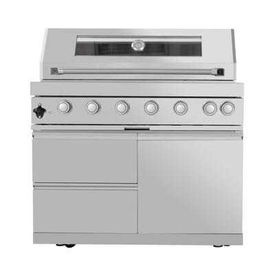 Castelle Flame Astoria 94-Inch 6-Burner 85K BTU Outdoor Kitchen Grill Island With Wine Cooler, Rotisserie, Cabinets, And Granite Countertops (SAK68014)