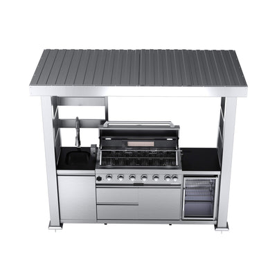Castelle Flame Astoria 94-Inch 6-Burner 85K BTU Outdoor Kitchen Grill Island With Wine Cooler, Rotisserie, Cabinets, And Granite Countertops (SAK68014)