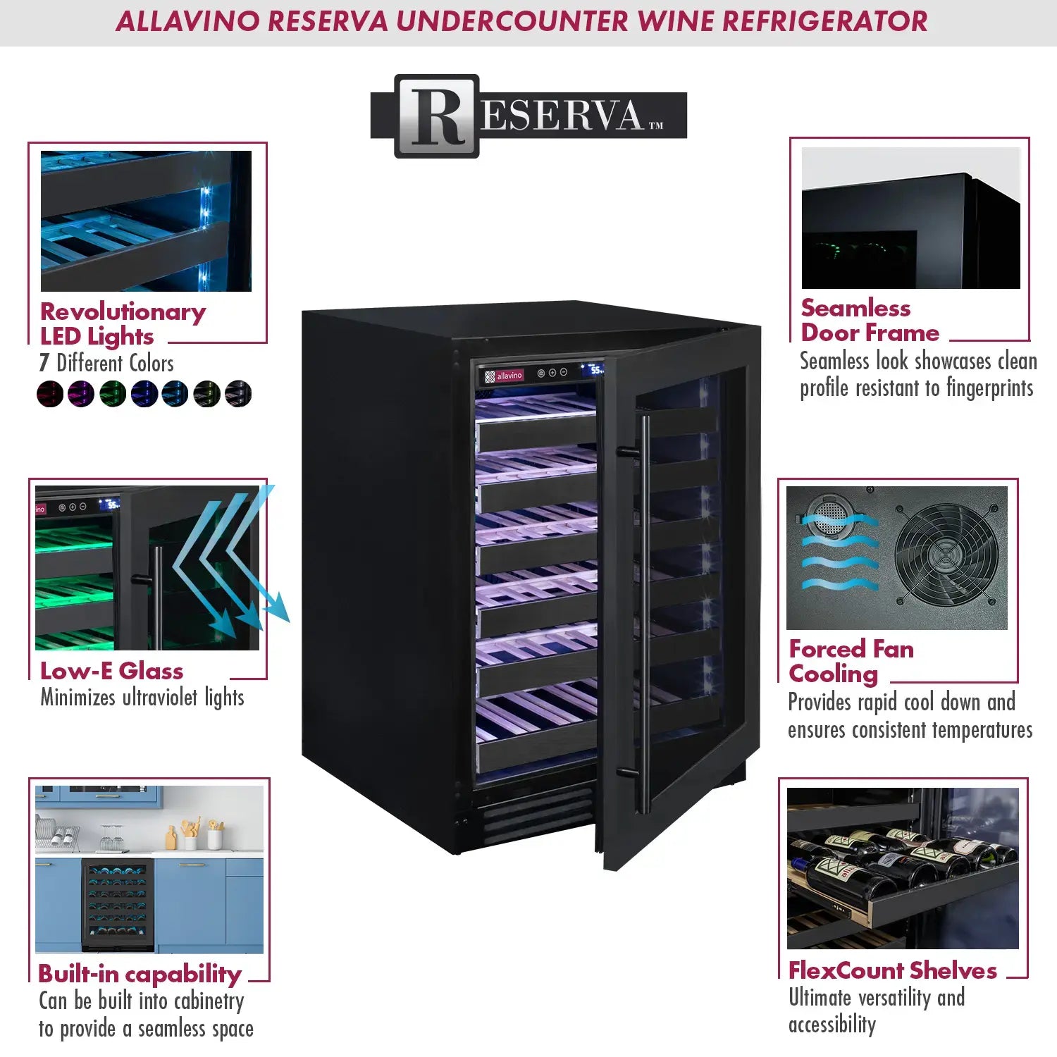 Allavino Reserva Series 50 Bottle Built-in Undercounter Luxury Wine Refrigerator with Black Stainless Steel Door