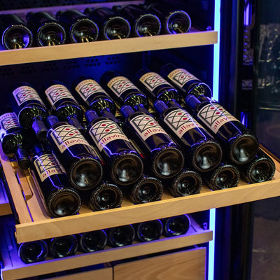 Allavino 248 Bottle Single Zone Freestanding Wine Refrigerator with Display Shelving and Black Glass Door