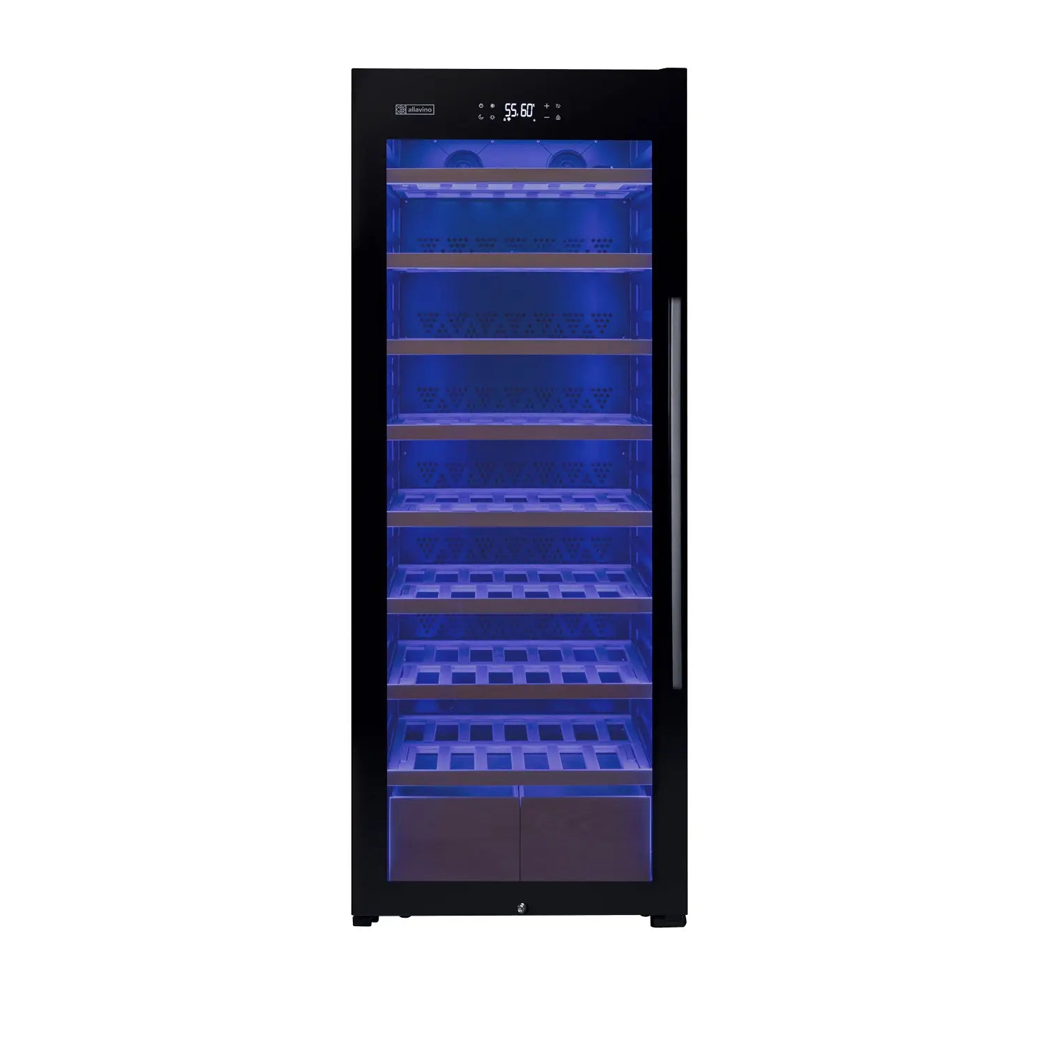 Allavino 248 Bottle Single Zone Freestanding Wine Refrigerator with Display Shelving and Black Glass Door