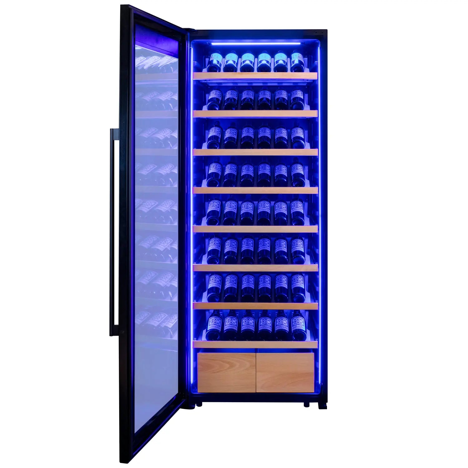 Allavino 248 Bottle Single Zone Freestanding Wine Refrigerator with Display Shelving and Black Glass Door