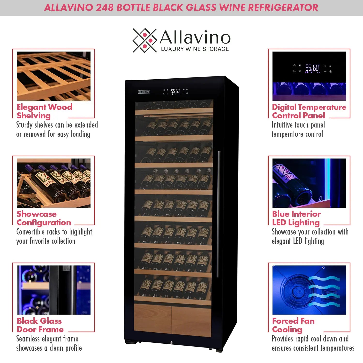 Allavino 248 Bottle Single Zone Freestanding Wine Refrigerator with Display Shelving and Black Glass Door