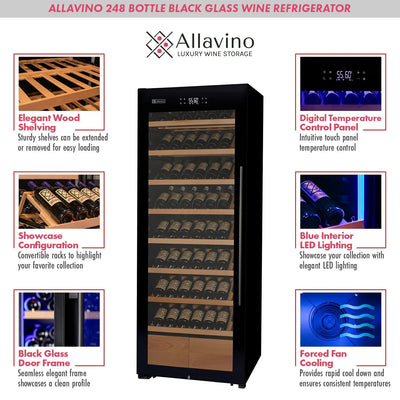 Allavino 248 Bottle Single Zone Freestanding Wine Refrigerator with Display Shelving and Black Glass Door