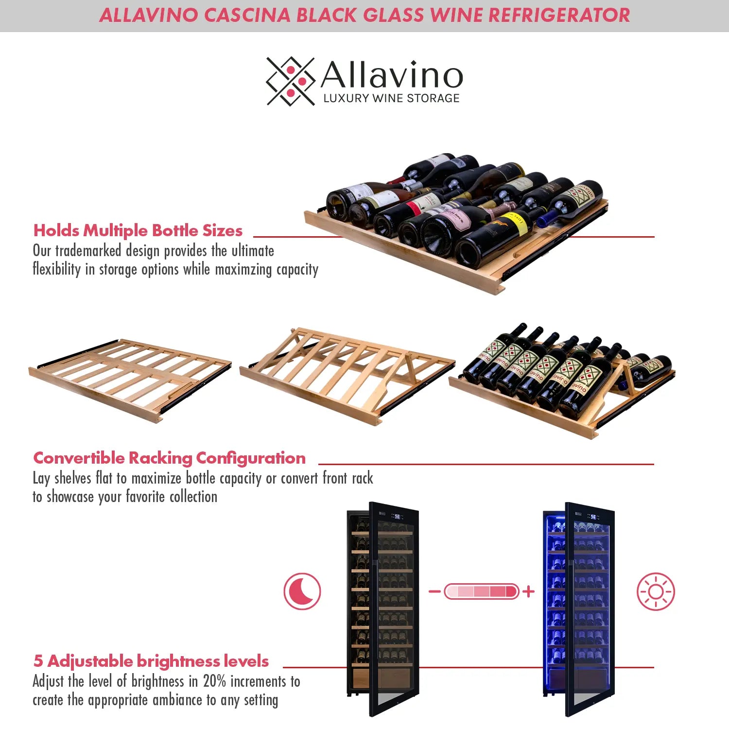 Allavino 248 Bottle Single Zone Freestanding Wine Refrigerator with Display Shelving and Black Glass Door