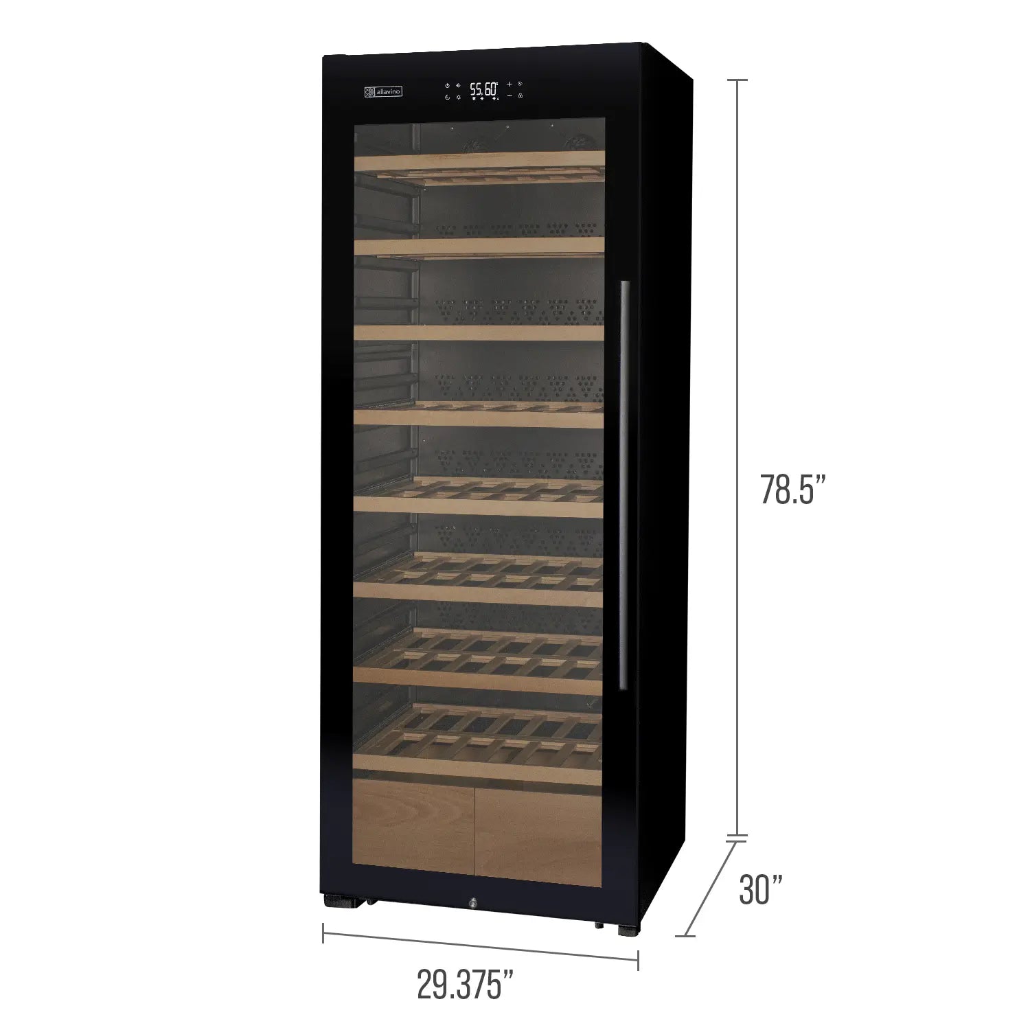 Allavino 248 Bottle Single Zone Freestanding Wine Refrigerator with Display Shelving and Black Glass Door