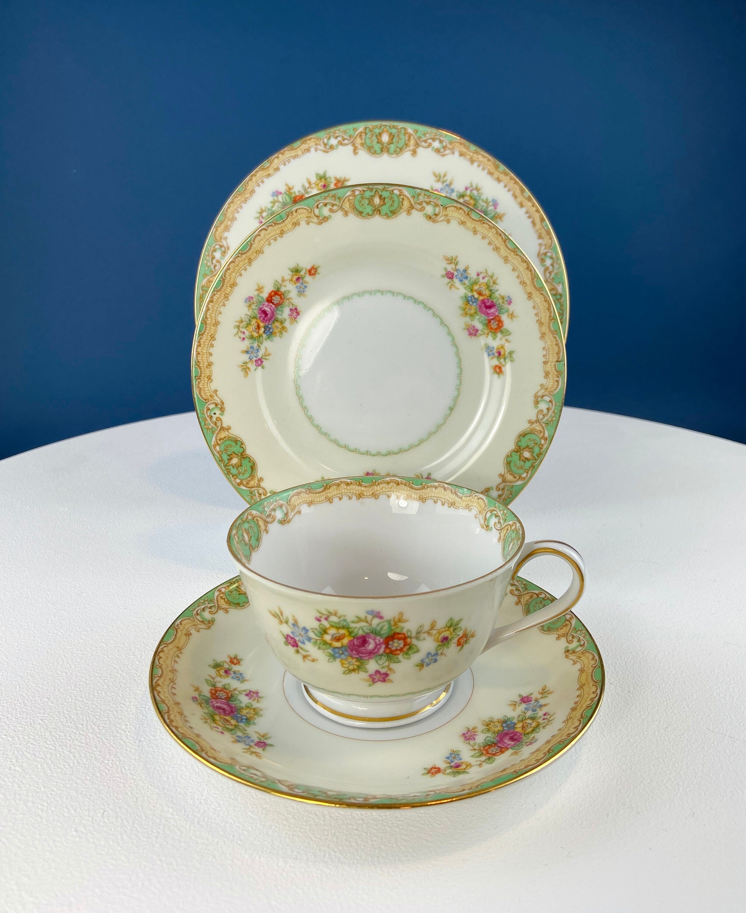 Mikado Fine China Dinnerware Set: Green Floral Cottagecore Dishes
