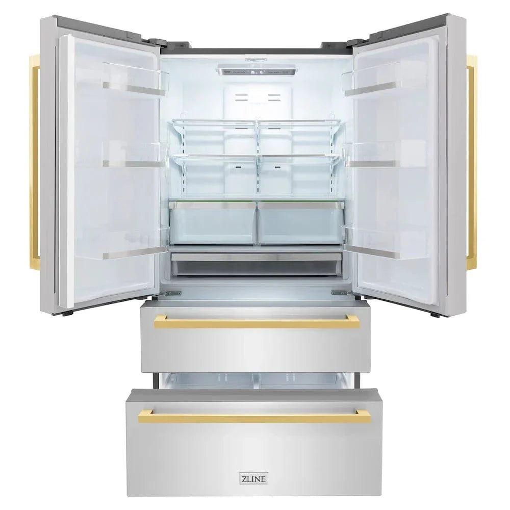 ZLINE Autograph Edition 36" 4-Door French Door Refrigerator, Ice Maker, Stainless Steel, Polished Gold Square Handles RFMZ-36-FG