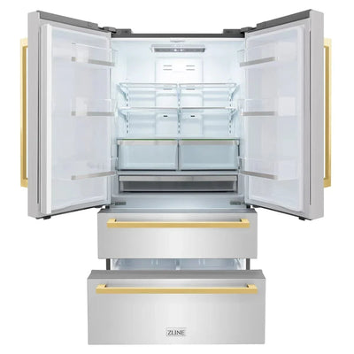 ZLINE Autograph Edition 36" 4-Door French Door Refrigerator, Ice Maker, Stainless Steel, Polished Gold Square Handles RFMZ-36-FG