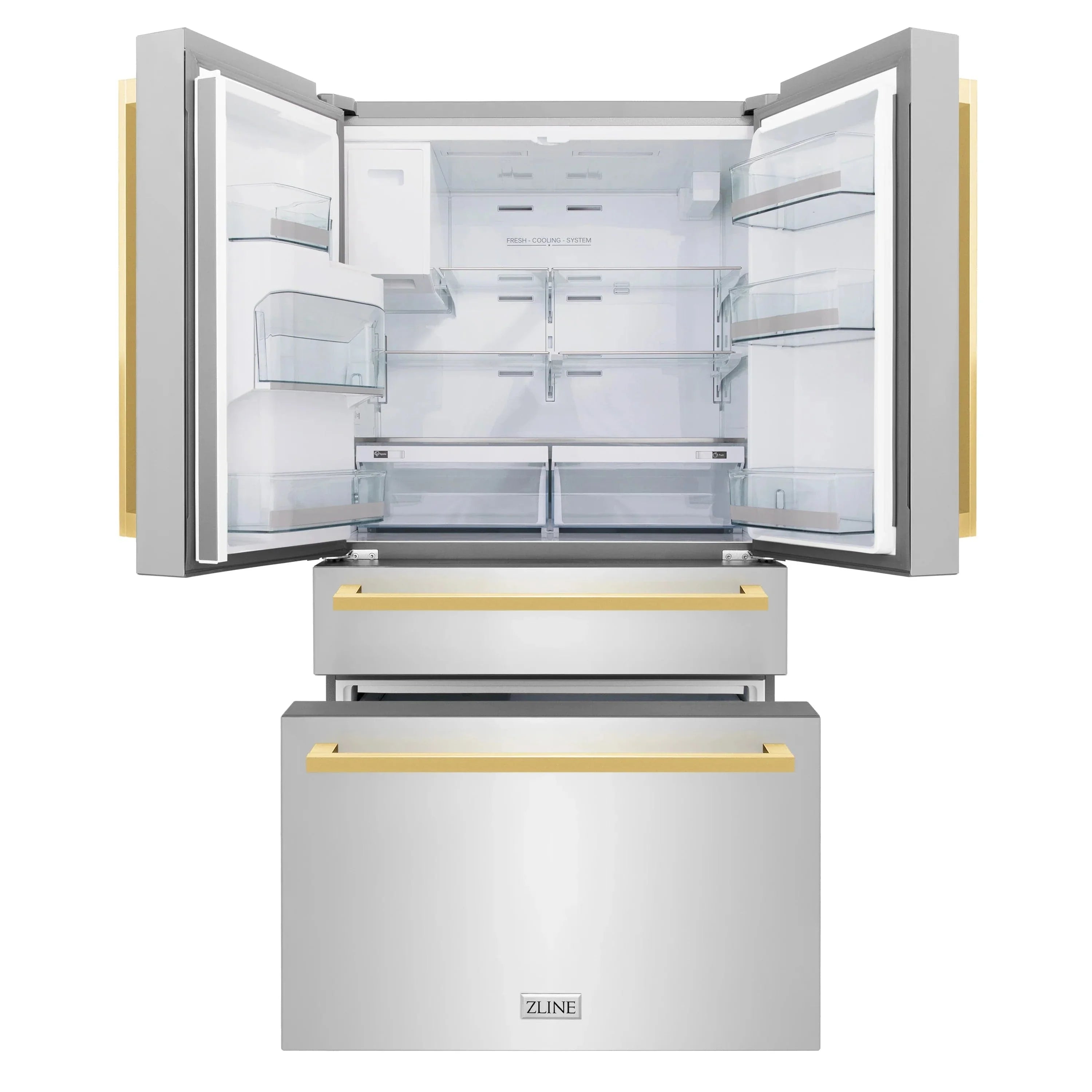ZLINE Autograph Edition 36" 4-Door French Door Refrigerator, Water, Ice Dispenser, Stainless Steel, Polished Gold Square Handles RFMZ-W-36-FG