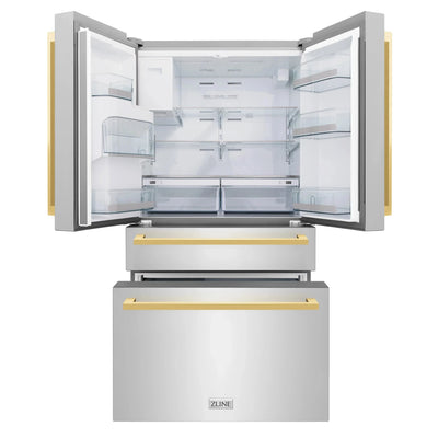 ZLINE Autograph Edition 36" 4-Door French Door Refrigerator, Water, Ice Dispenser, Stainless Steel, Polished Gold Square Handles RFMZ-W-36-FG