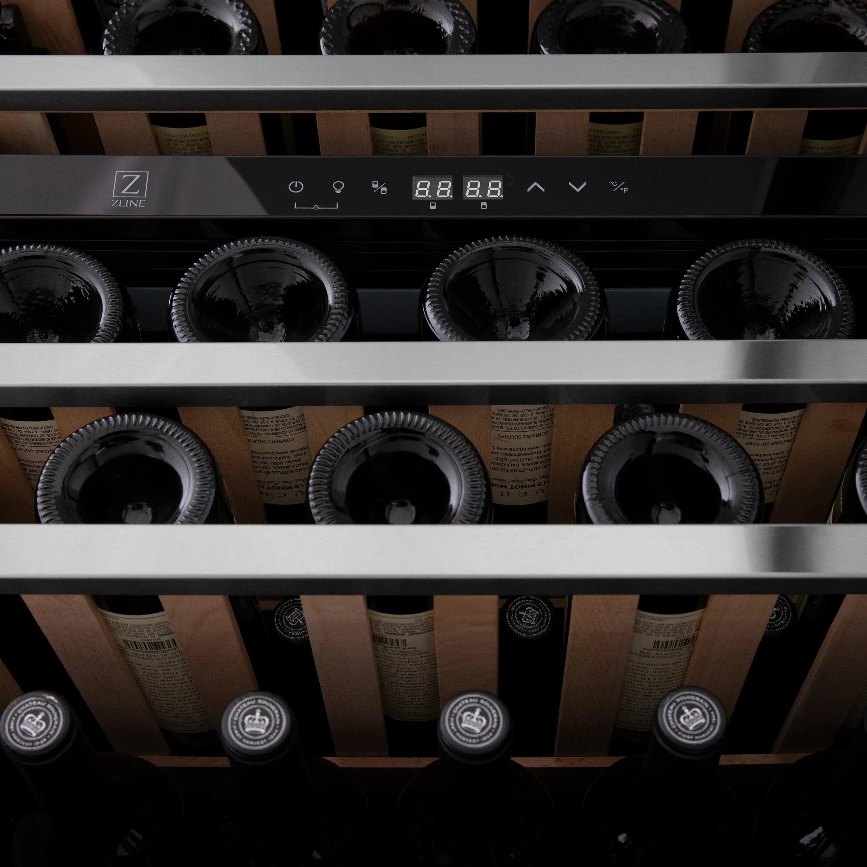 ZLINE 24" Autograph Edition Dual Zone 44-Bottle Wine Cooler in Stainless Steel with Wood Shelf and Champagne Bronze Accents RWV-UD-24-CB