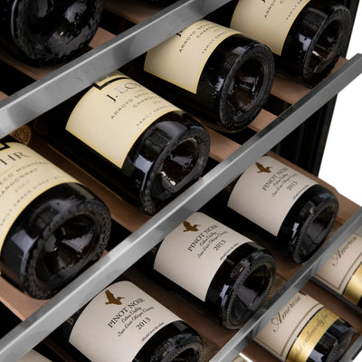 ZLINE 24" Autograph Edition Dual Zone 44-Bottle Wine Cooler in Stainless Steel with Wood Shelf and Champagne Bronze Accents RWV-UD-24-CB