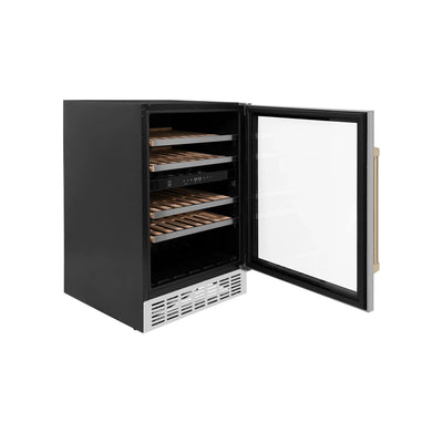 ZLINE 24" Autograph Edition Dual Zone 44-Bottle Wine Cooler in Stainless Steel with Wood Shelf and Champagne Bronze Accents RWV-UD-24-CB
