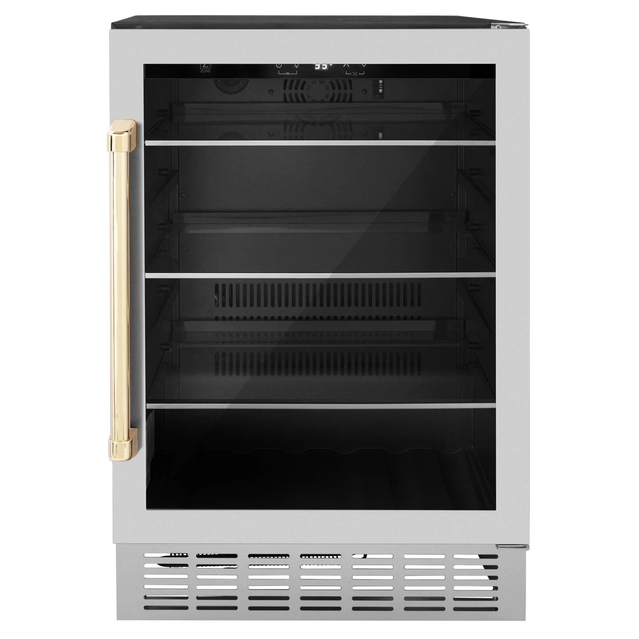 ZLINE 24" Autograph 154 Can Beverage Cooler Fridge with Adjustable Shelves in Stainless Steel with Champagne Bronze Accents RBVZ-US-24-CB