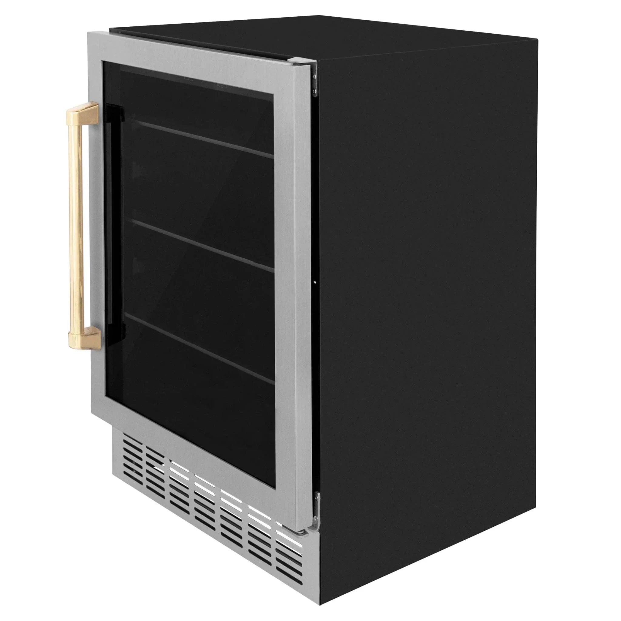 ZLINE 24" Autograph Edition 154 Can Beverage Cooler Fridge with Adjustable Shelves in Stainless Steel with Gold Accents RBVZ-US-24-G