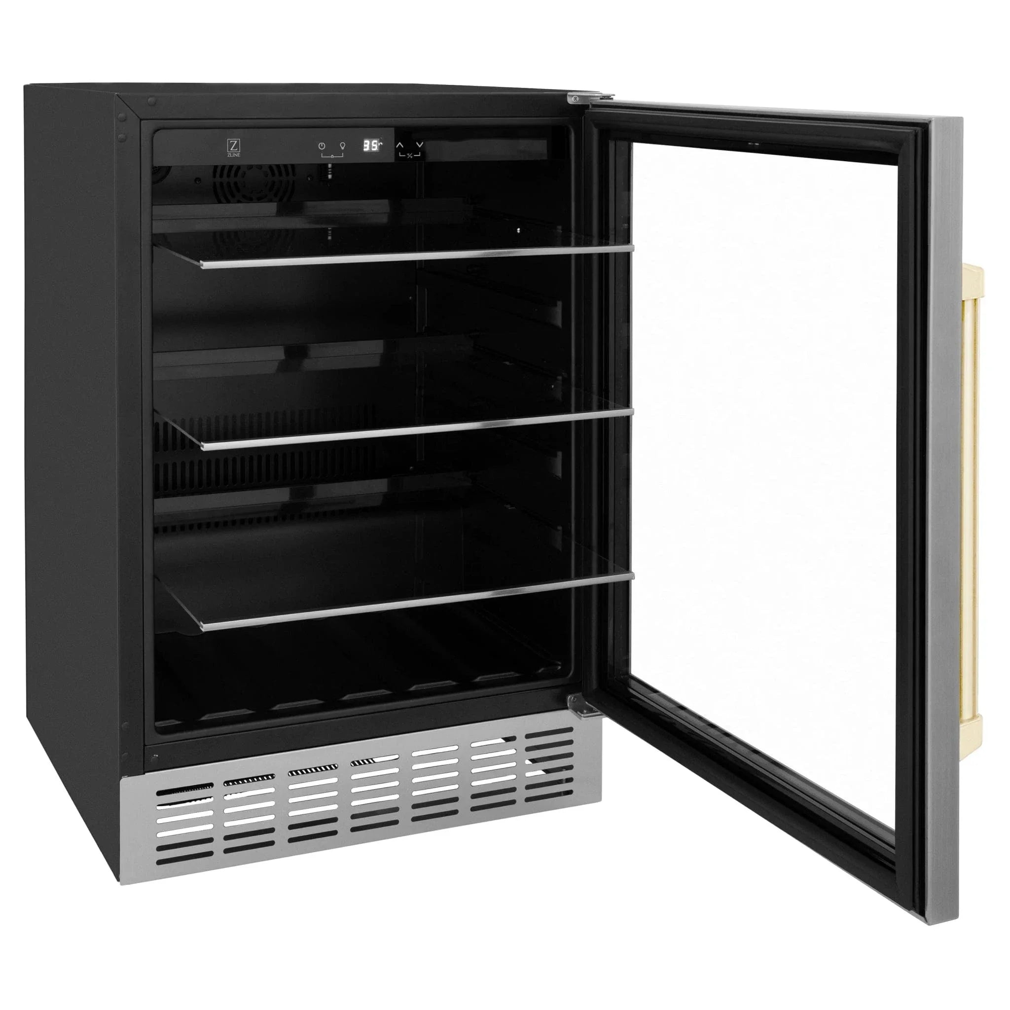 ZLINE 24" Autograph Edition 154 Can Beverage Cooler Fridge with Adjustable Shelves in Stainless Steel with Gold Accents RBVZ-US-24-G
