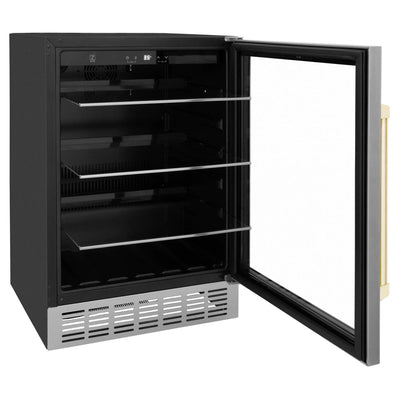 ZLINE 24" Autograph Edition 154 Can Beverage Cooler Fridge with Adjustable Shelves in Stainless Steel with Gold Accents RBVZ-US-24-G