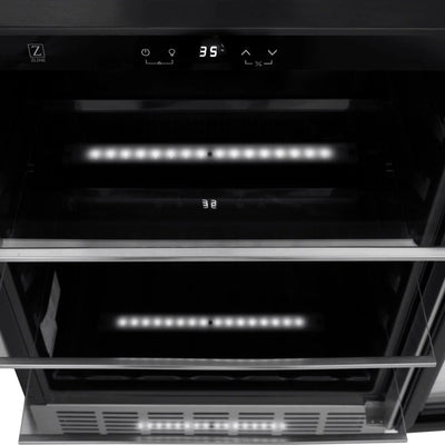 ZLINE 24" Autograph Edition 154 Can Beverage Cooler Fridge with Adjustable Shelves in Stainless Steel with Matte Black Accents RBVZ-US-24-MB