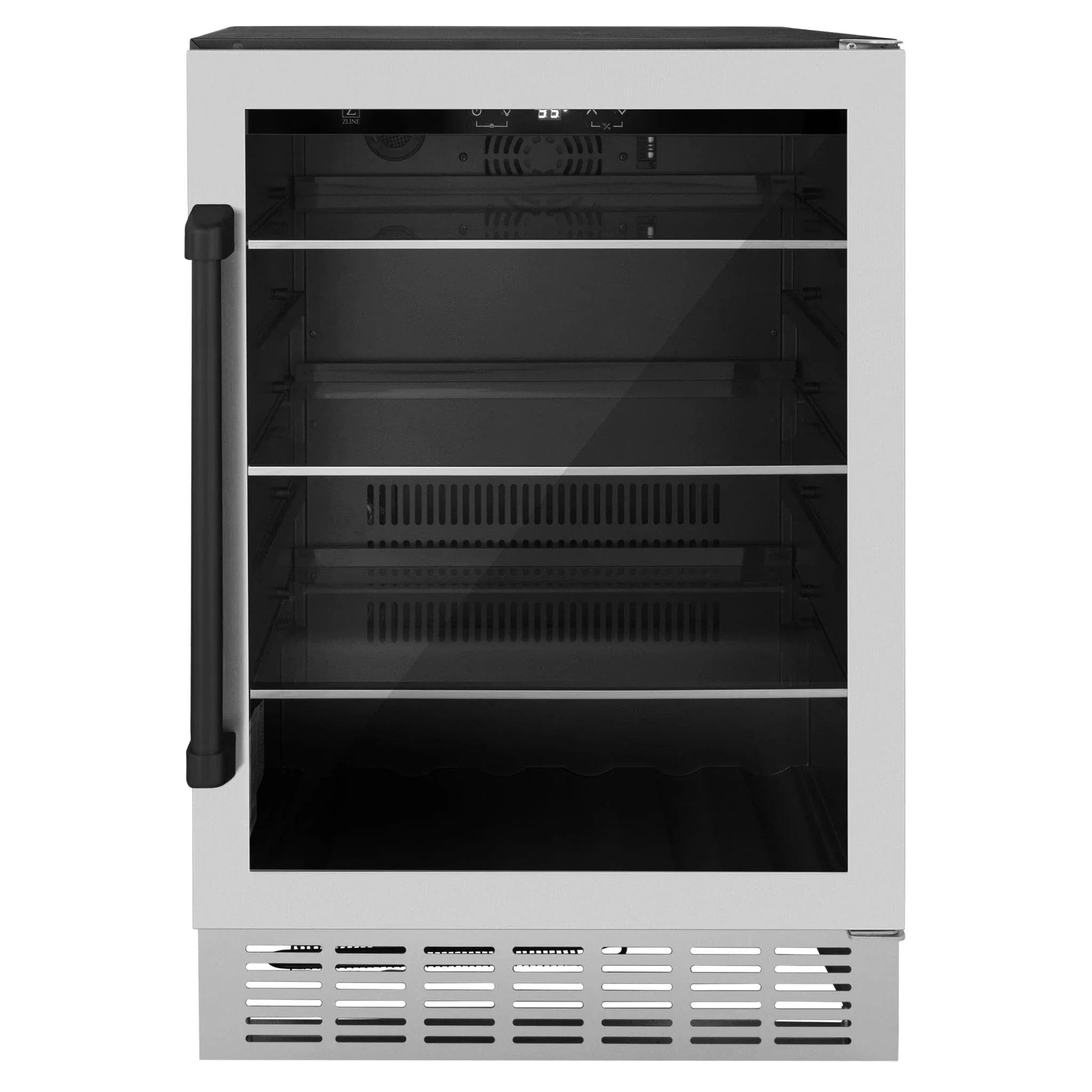 ZLINE 24" Autograph Edition 154 Can Beverage Cooler Fridge with Adjustable Shelves in Stainless Steel with Matte Black Accents RBVZ-US-24-MB