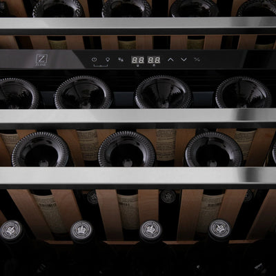 ZLINE 24" Autograph Edition Dual Zone 44-Bottle Wine Cooler in Stainless Steel with Wood Shelf and Gold Accents RWVZ-UD-24-G