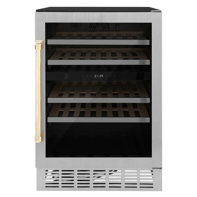 ZLINE 24" Autograph Edition Dual Zone 44-Bottle Wine Cooler in Stainless Steel with Wood Shelf and Gold Accents RWVZ-UD-24-G