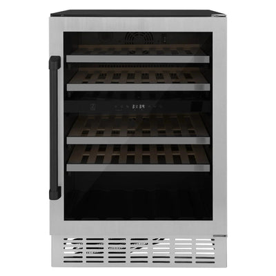 ZLINE 24" Autograph Edition Dual Zone 44-Bottle Wine Cooler in Stainless Steel with Wood Shelf and Matte Black Accents RWVZ-UD-24-MB