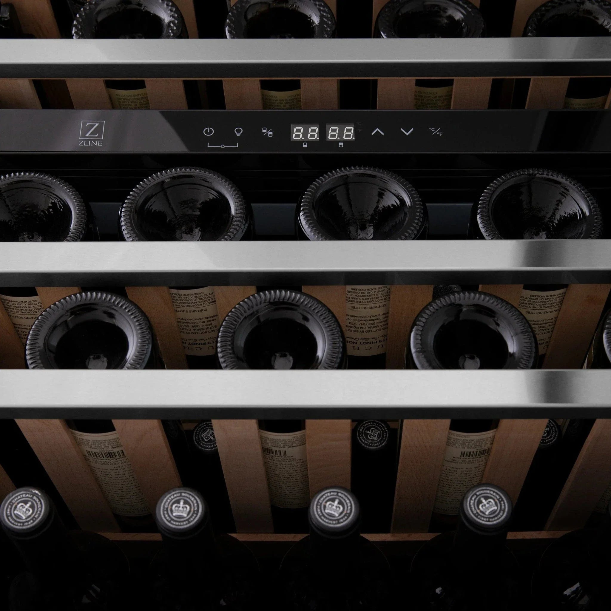 ZLINE 24" Autograph Edition Dual Zone 44-Bottle Wine Cooler in Stainless Steel with Wood Shelf and Matte Black Accents RWVZ-UD-24-MB
