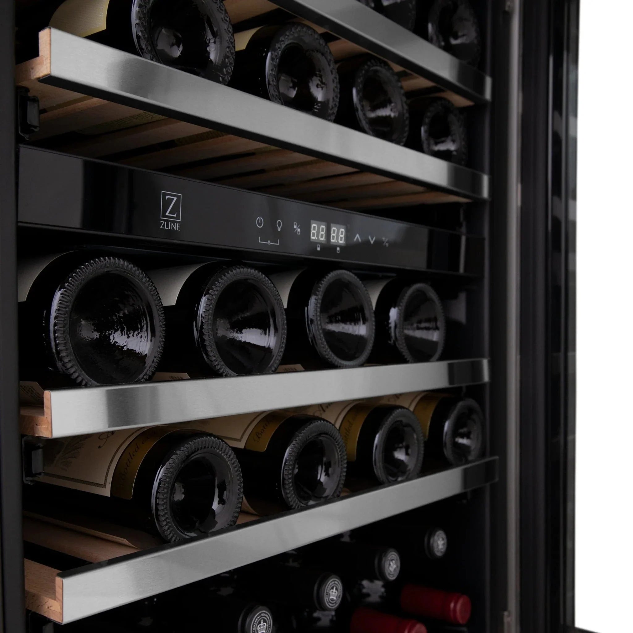 ZLINE 24" Monument Autograph Edition Dual Zone 44-Bottle Wine Cooler in Stainless Steel with Champagne Bronze Accents RWVZ-UD-24-CB