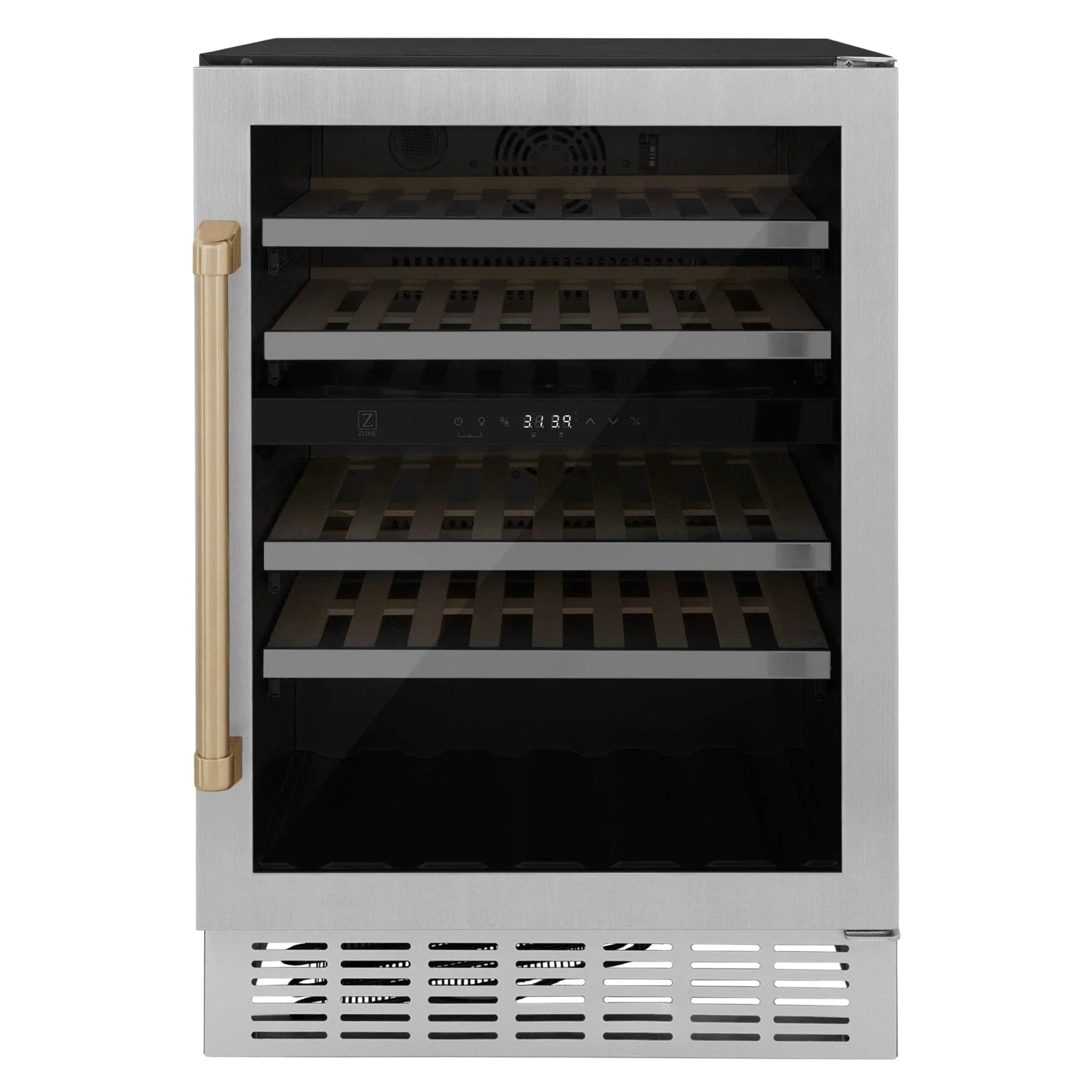 ZLINE 24" Monument Autograph Edition Dual Zone 44-Bottle Wine Cooler in Stainless Steel with Champagne Bronze Accents RWVZ-UD-24-CB
