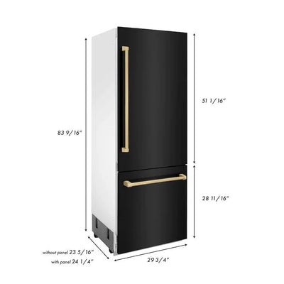 ZLINE 30" Autograph 16.1 cu. ft. 2-Door Bottom Freezer Fridge Water/Ice Dispenser Black Stainless Steel Champagne Bronze Accents RBIVZ-BS-30-CB